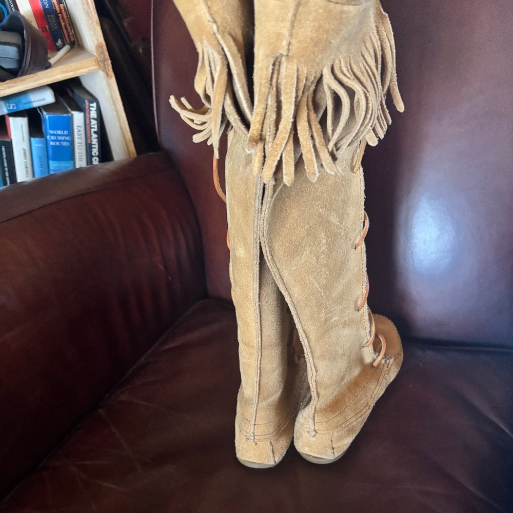 Tall Tan Leather Minnetonka Moccasin Boots - Picture 9 of 13